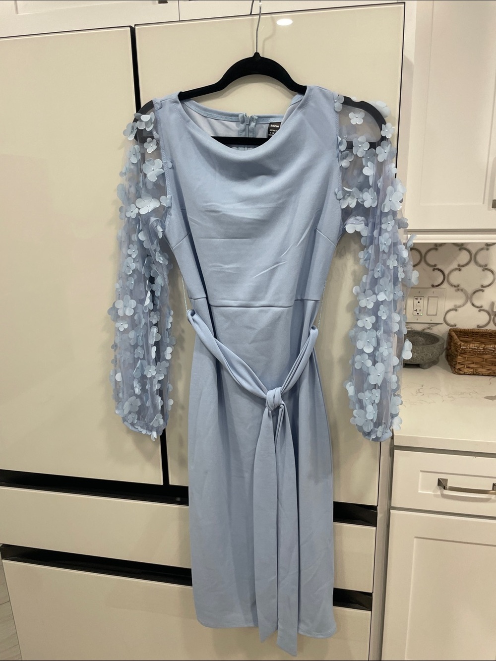 SHEIN Light Blue Midi Dress with Floral Appliqué Sleeves